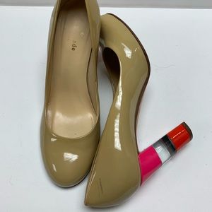 Red & Pink acrylic heels on Kate Spade nude pumps